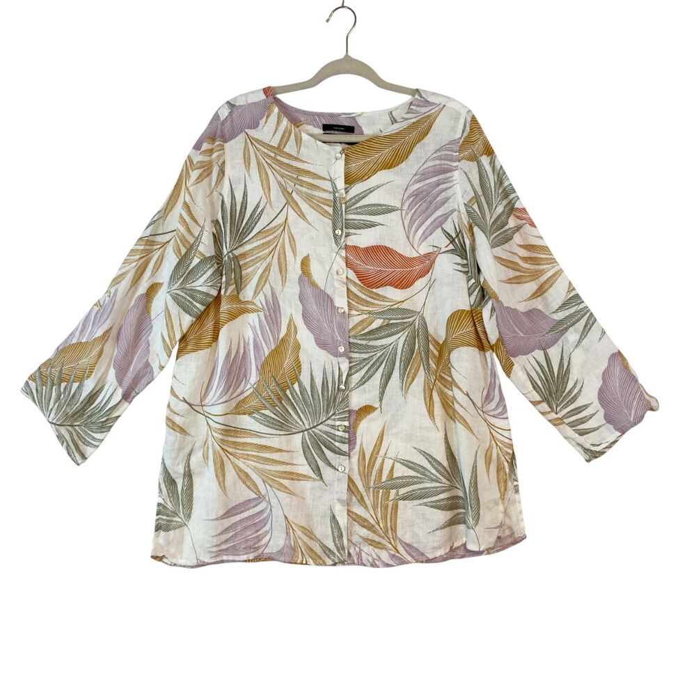 Tahari‎ Linen Button Down Top Womens 1X Multicolor Tropical Beachy Roll Tab